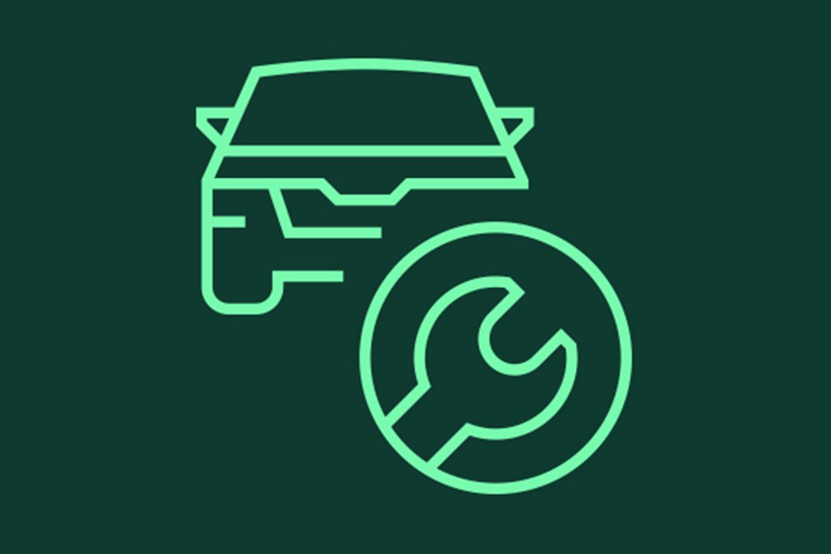 ICON Fahrzeug mit Maulschlüssel in Türkis gezeichnet auf dunkelgrünen Hintergrund