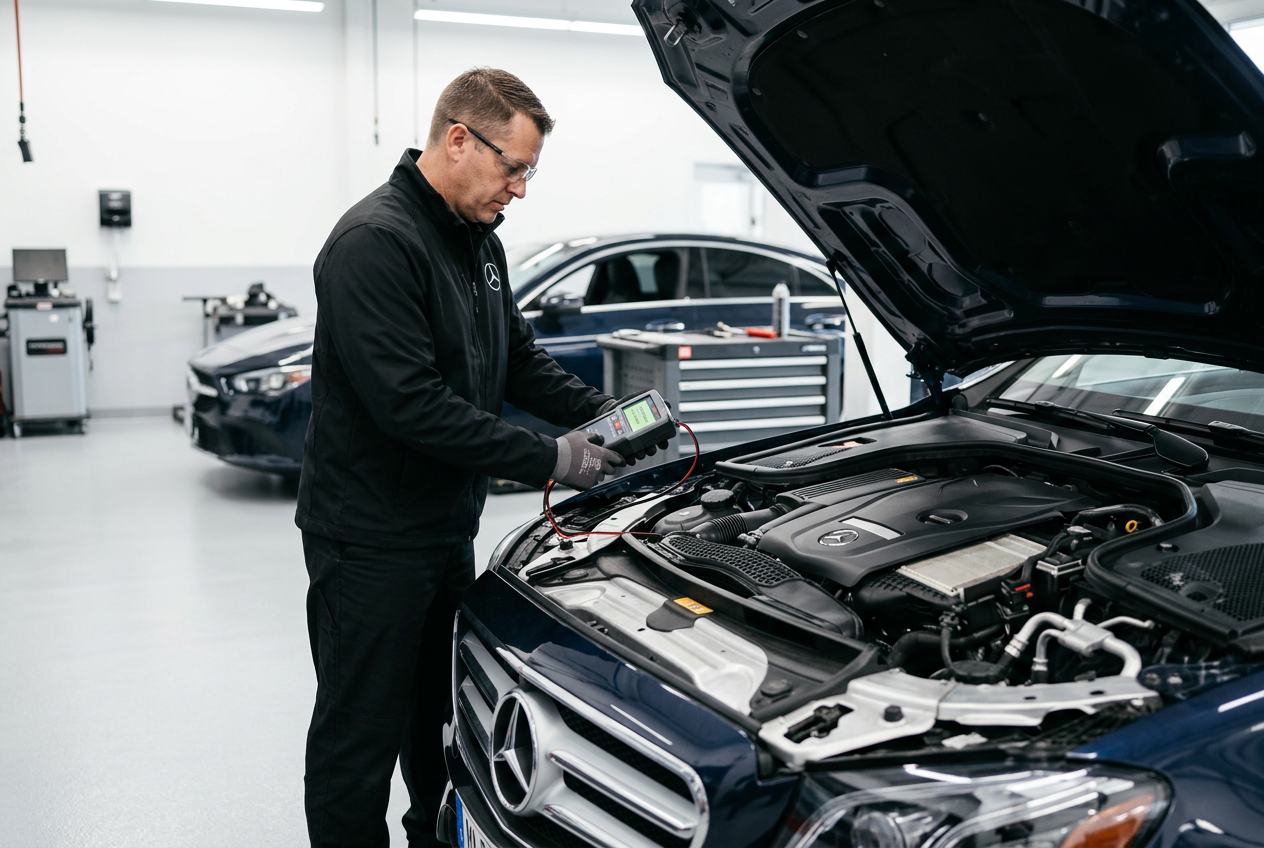 Batterie-Check bei Ihrem Mercedes-Benz. Bild mit Hilfe von KI generiert